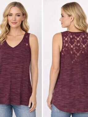 Faded Glory Wine Burgundy Lace Back Tank Top Medium | Flowy A-Line V-Neck Boho